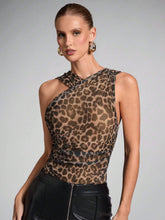 Women's Summer Asymmetrical Neck Sleeveless Fitted Leopard Print Bodysuit